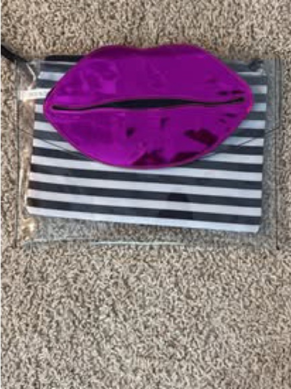 SHEIN Black White Striped Cosmetic Bag with Metallic Purple Lip Accent